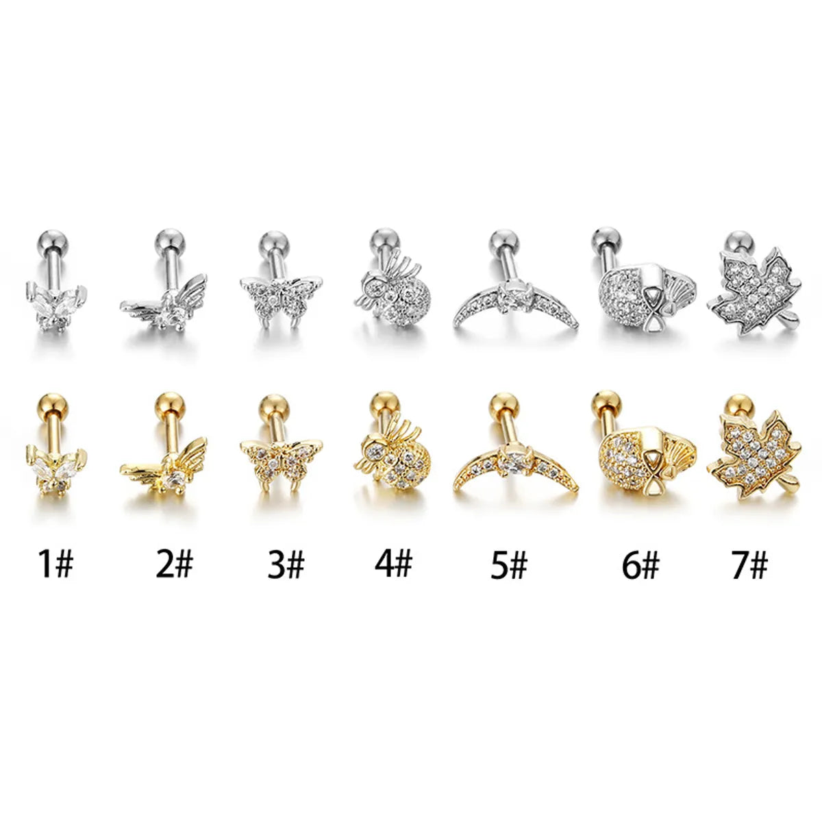 Fashion Leaf Butterfly Titanium Steel Plating Inlay Zircon Ear Studs 1 Piece