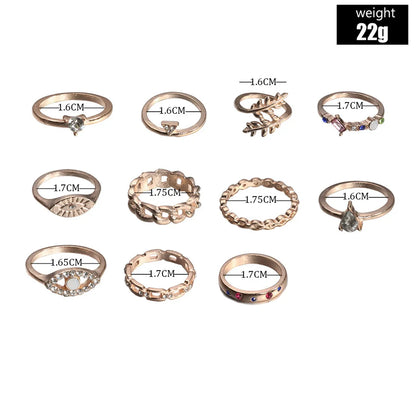 Fashion Leaf Color Diamond Water Drop Alloy Ring 11 Piece Set