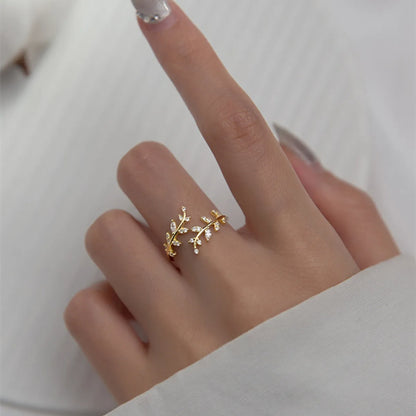 Fashion Leaf Copper Gold Plated Rhinestones Open Ring