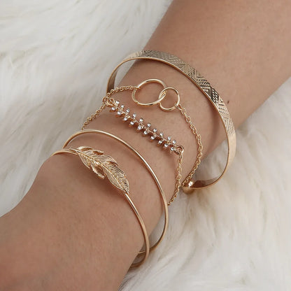 Fashion Leaf Pattern Round Geometric Wide Bracelet 5-Pieces Set