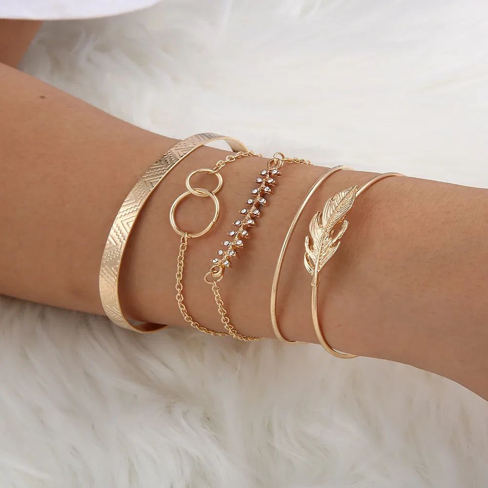 Fashion Leaf Pattern Round Geometric Wide Bracelet 5-Pieces Set