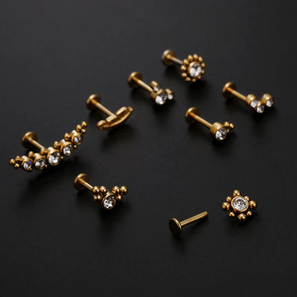 Fashion Leaf Round Stainless Steel Inlaid Zircon Eyebrow Nails Ear Studs 1 Piece