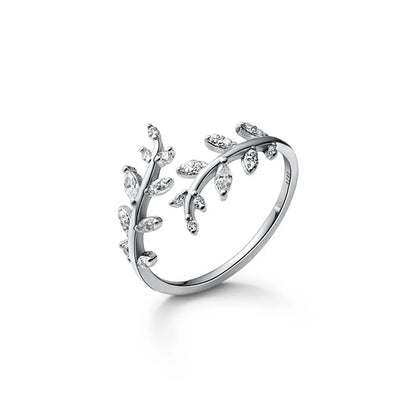 Fashion Leaf Silver Plating Inlay Zircon Open Ring 1 Piece