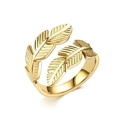 Fashion Leaf Titanium Steel Feather Open Ring