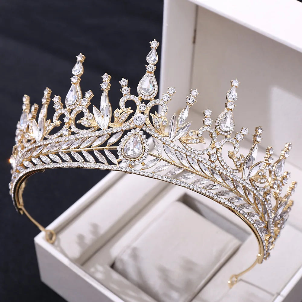 Fashion Leaf Water Droplets Crown Alloy Rhinestone Inlay Artificial Crystal Crown 1 Piece