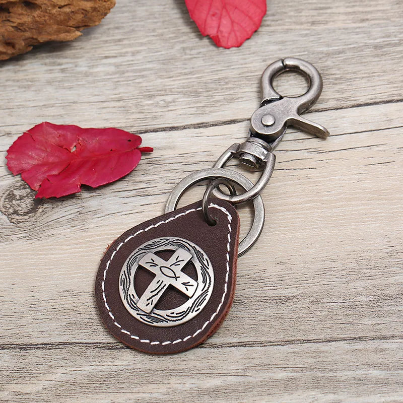 Vintage Style Cross Pu Leather Alloy Unisex Keychain