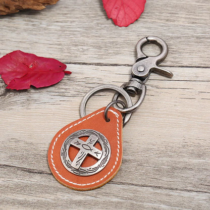 Vintage Style Cross Pu Leather Alloy Unisex Keychain