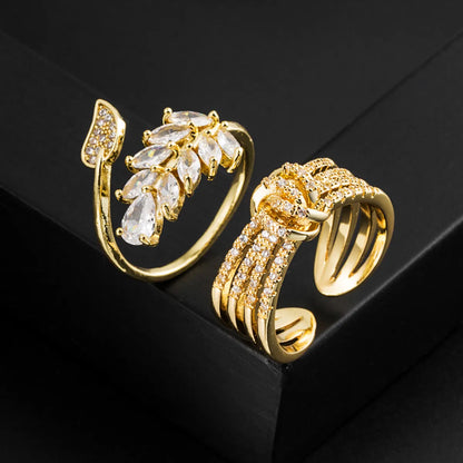 Fashion Leaves Copper Gold Plated Zircon Open Ring 1 Piece