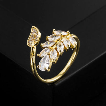 Fashion Leaves Copper Gold Plated Zircon Open Ring 1 Piece