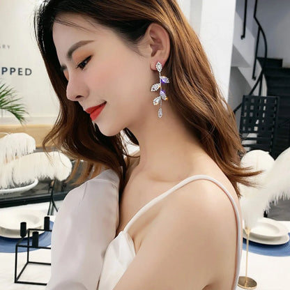 Fashion Leaves Copper Plating Inlay Zircon Drop Earrings 1 Pair