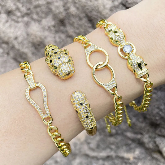 Fashion Leopard Head Copper Bracelets Gold Plated Inlay Zircon Copper Bracelets