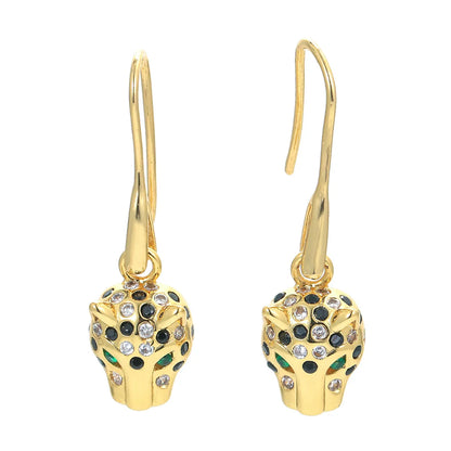 Fashion Leopard Head Pattern Retro Full Zircon Leopard Head Green Eye Leopard Earrings