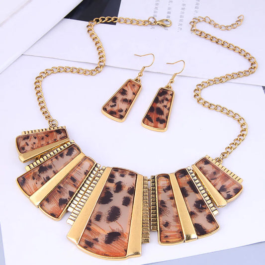 Fashion Leopard Print Concise Geometric Modeling Temperament Short Necklace Earrings Set