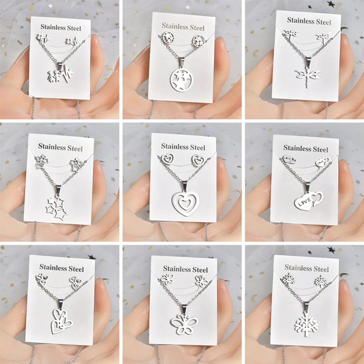 Fashion Letter Heart Shape Solid Color Titanium Steel Hollow Out Earrings Necklace 1 Set