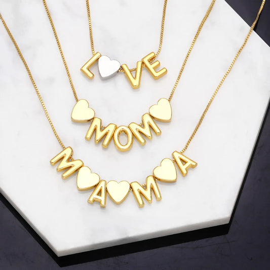 Fashion Letter Mama Mom Pendant Heart Copper 18k Gold-plated Inlaid Color Zircon Necklace