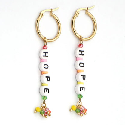 Fashion Letter Stainless Steel Arylic Artificial Crystal Beaded Drop Earrings 1 Pair