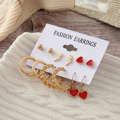 Fashion Lightning Red Heart-Shaped Earrings Alloy Earrings Set