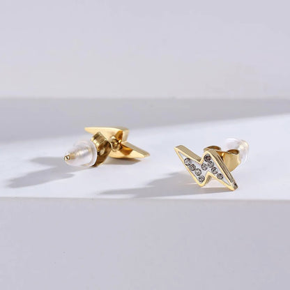 1 Pair Fashion Lightning Three-dimensional Gold Plated Stainless Steel Rhinestones Ear Studs