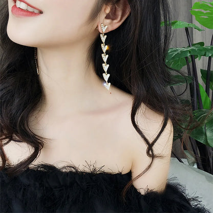 Fashion Long Asymmetric Rhinestone Heart Shaped Metal Earrings