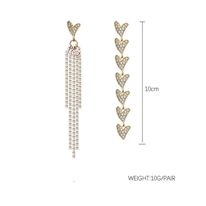 Fashion Long Asymmetric Rhinestone Heart Shaped Metal Earrings