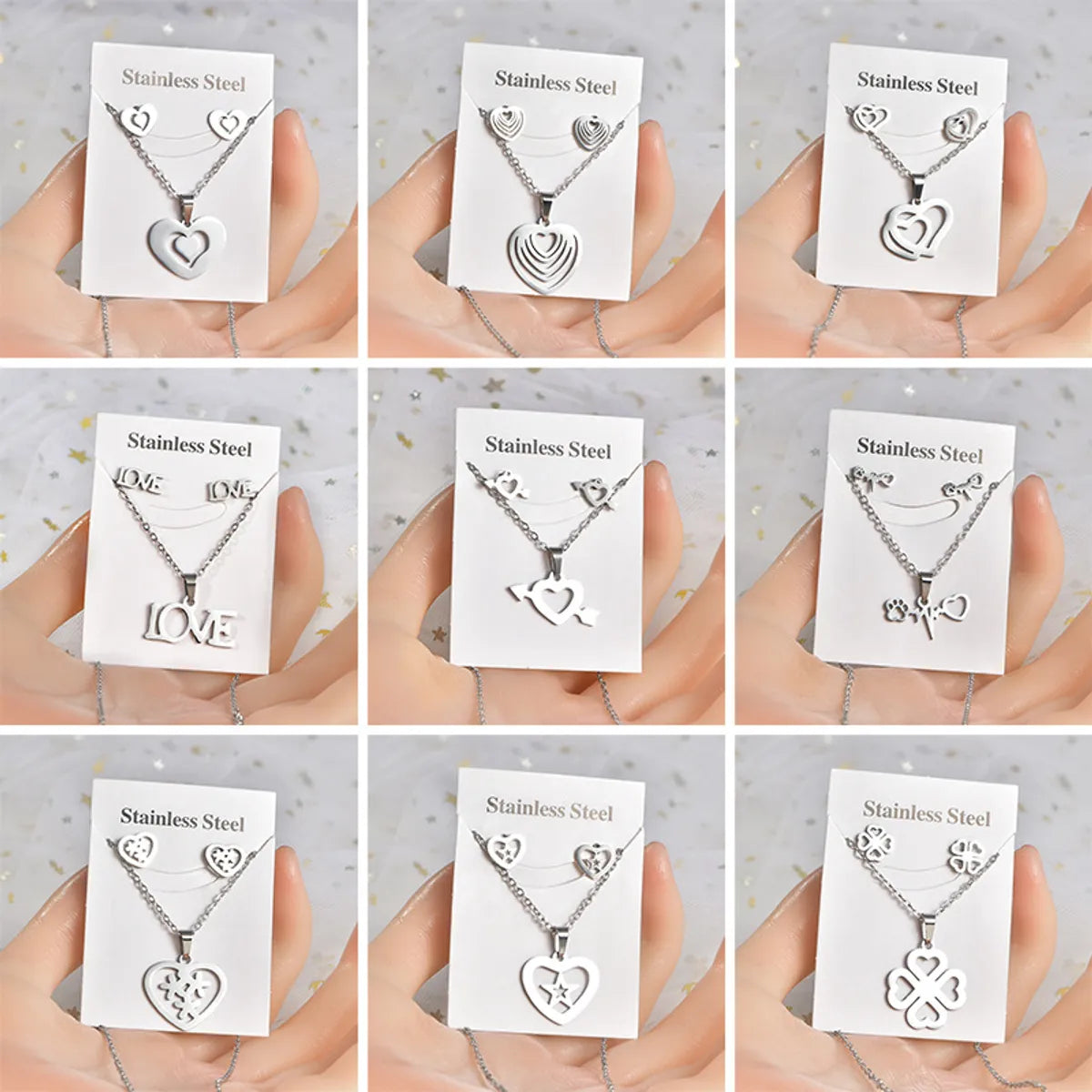 Fashion Love Heart Shape Stainless Steel Hollow Out Earrings Necklace 1 Set