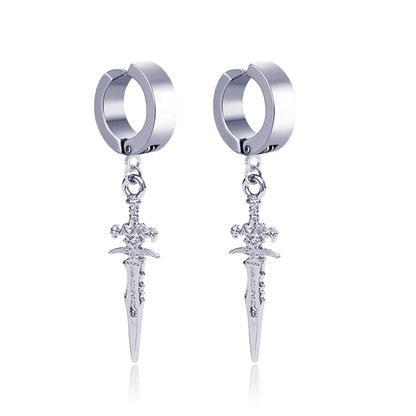 Fashion Men'S Titanium Steel Cross Sword Carved Earrings