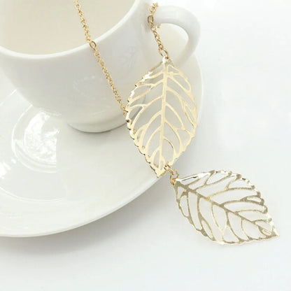 Fashion Metal Colorful Hollow Tree Leaf Two Large Leaf Pendant Necklace