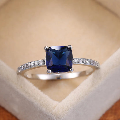 Fashion Micro-encrusted Zircon Sapphire Blue Square Diamond Copper Ring Female