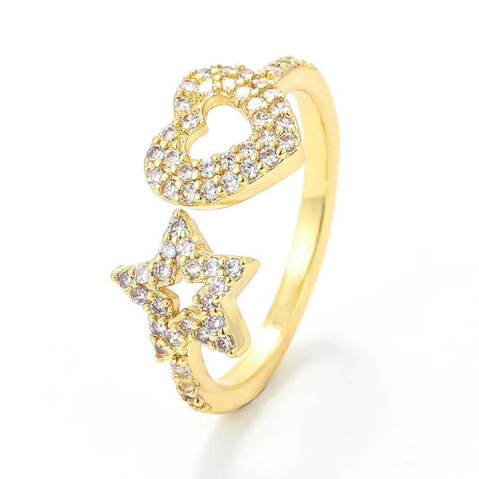 Fashion Micro-inlaid Stars Peach Heart-shaped Opening Adjustable Ring