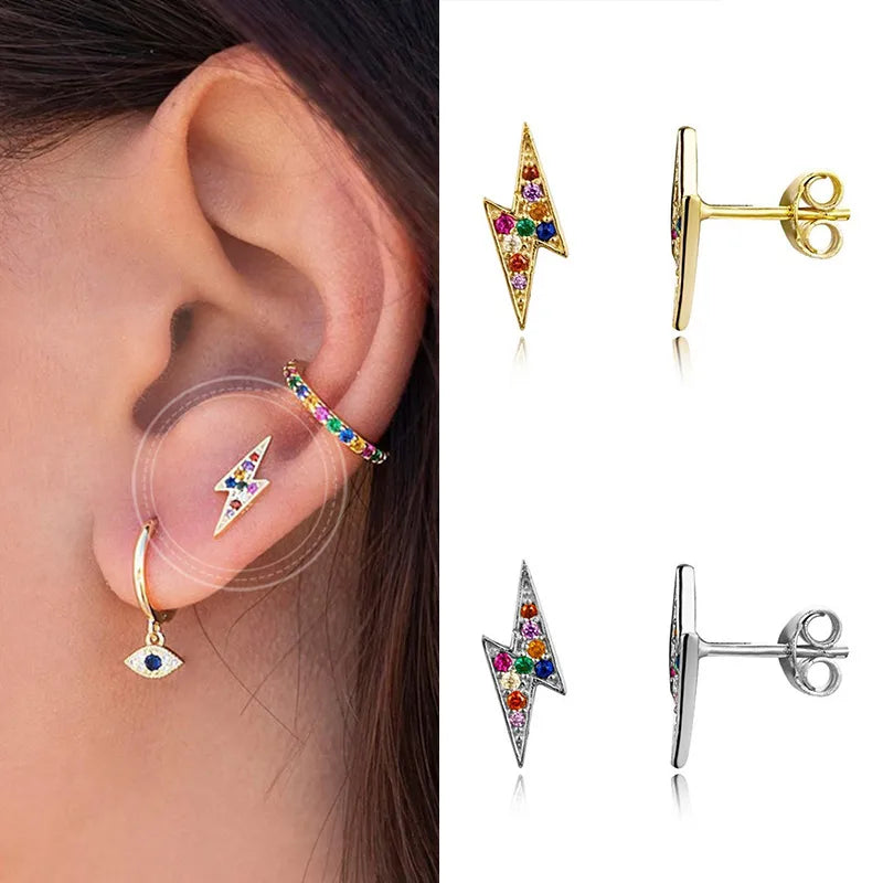 Fashion Micro-Set Color Zircon Geometric Copper Lightning Earrings