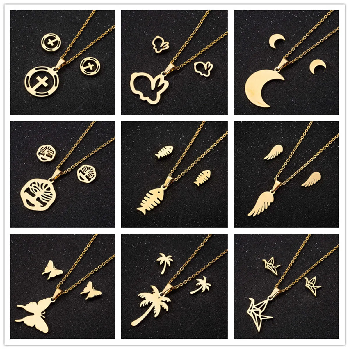 Fashion Moon Coconut Tree Fish Bone Stainless Steel Plating Hollow Out Earrings Necklace 1 Set