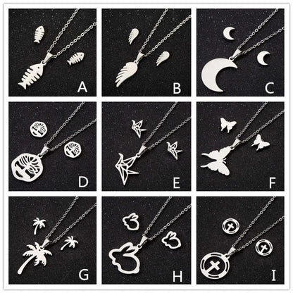 Fashion Moon Coconut Tree Fish Bone Stainless Steel Plating Hollow Out Earrings Necklace 1 Set