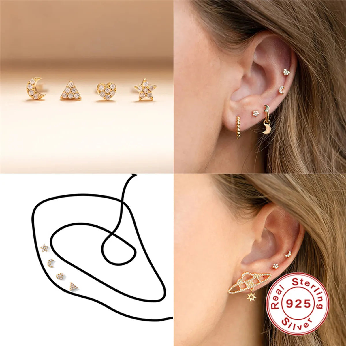 Fashion Moon Heart Shape Sterling Silver Zircon Ear Studs 1 Set