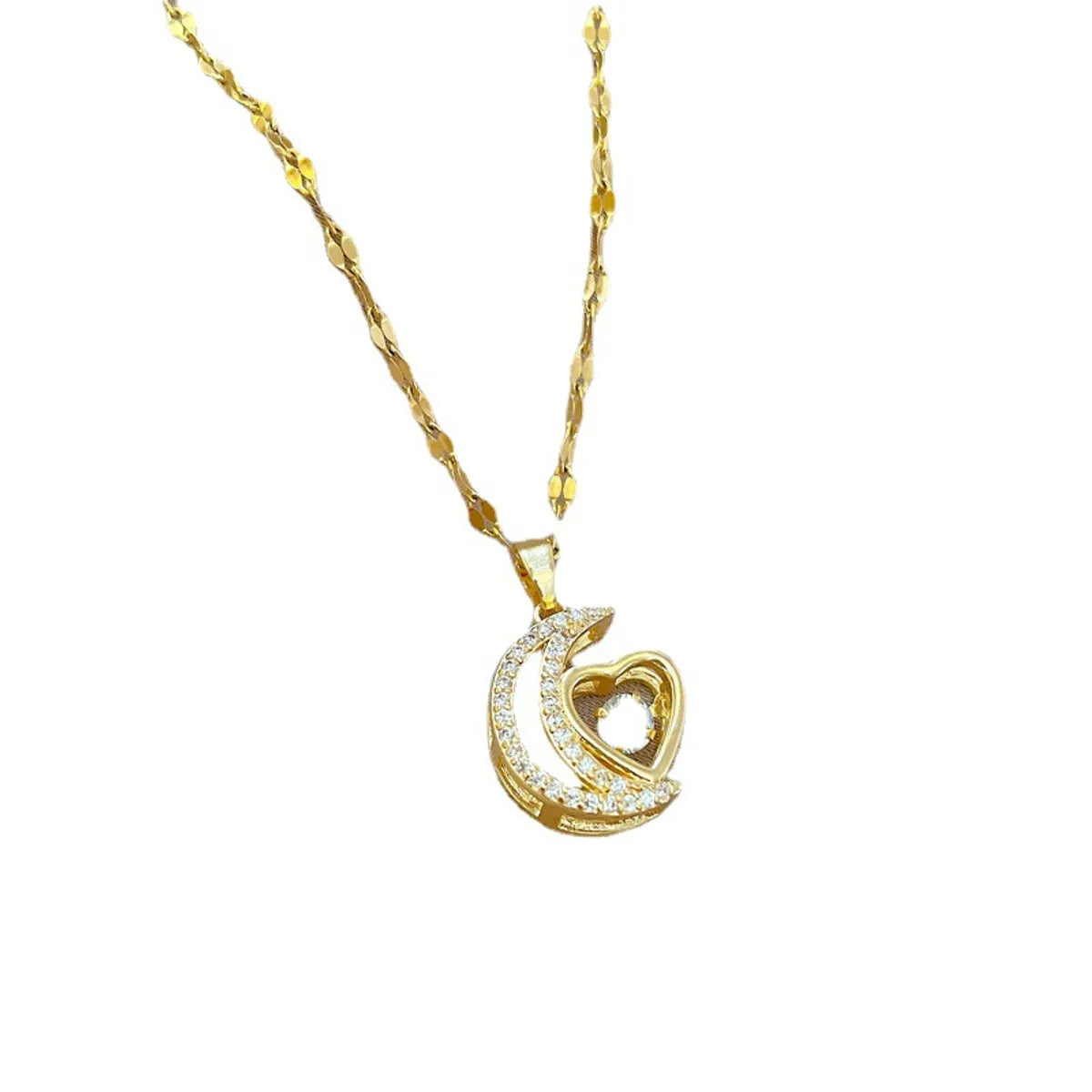 Fashion Moon Heart Shape Titanium Steel Copper Inlay Artificial Gemstones Pendant Necklace