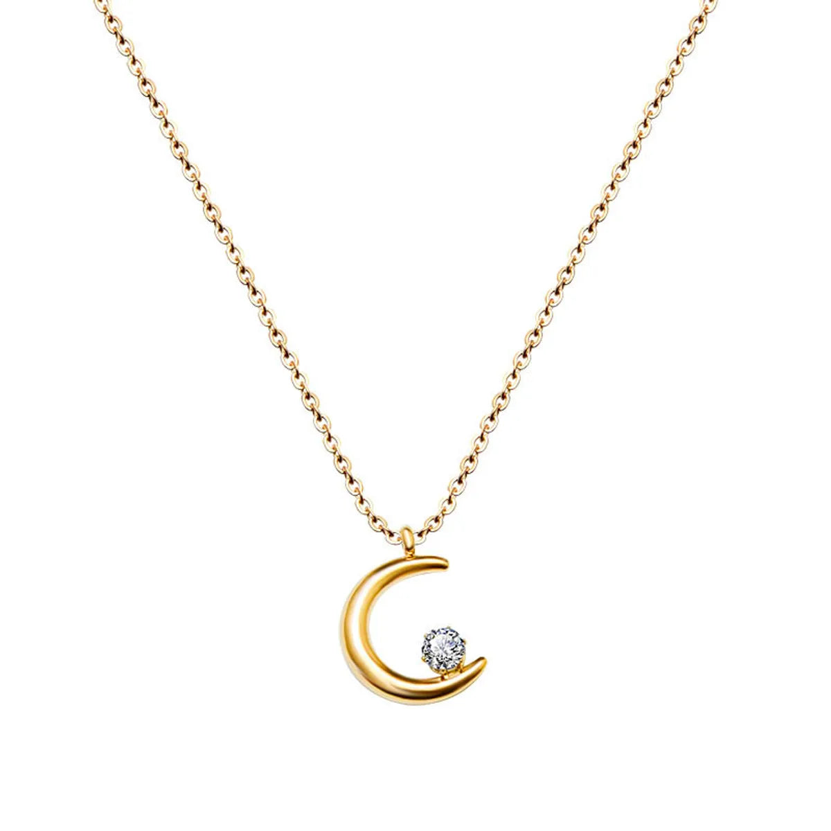 Fashion Moon Titanium Steel Gold Plated Zircon Pendant Necklace 1 Piece