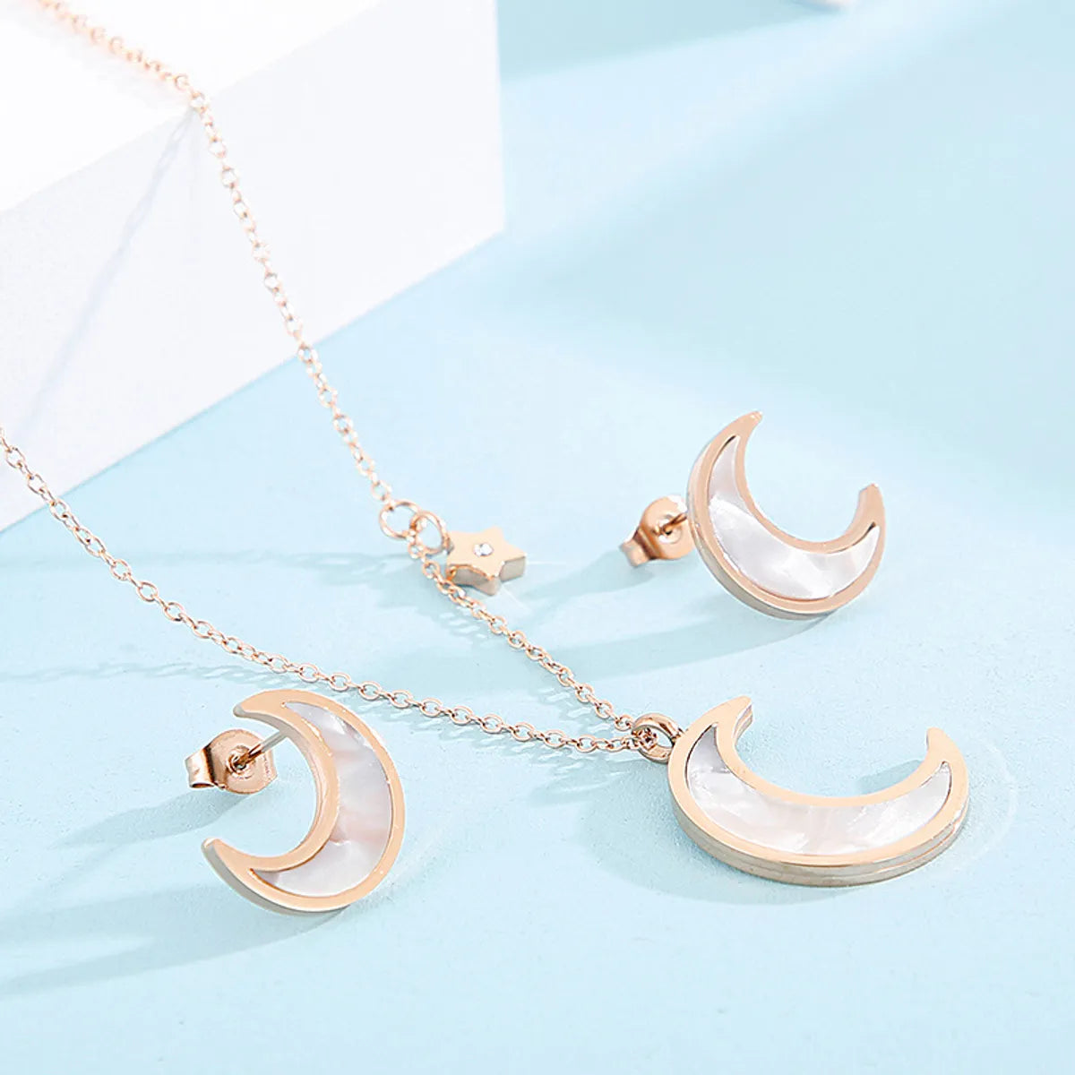 Fashion Moon Titanium Steel Plating Earrings Necklace 1 Set