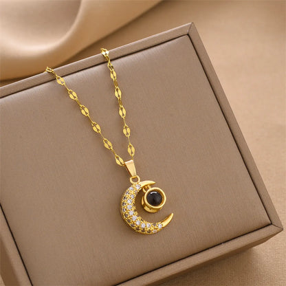 Fashion Moon Titanium Steel Plating Inlay Zircon Pendant Necklace 1 Piece