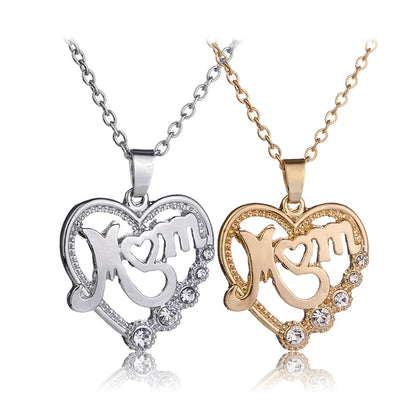 Fashion Mother's Day Mom Letter Pendant Alloy Heart Hollow Diamond Necklace