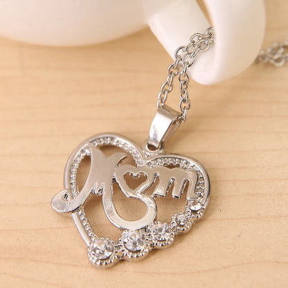 Fashion Mother's Day Mom Letter Pendant Alloy Heart Hollow Diamond Necklace