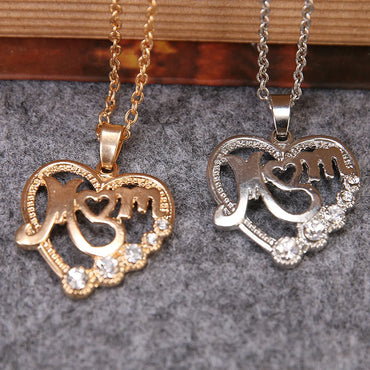 Fashion Mother's Day Mom Letter Pendant Alloy Heart Hollow Diamond Necklace