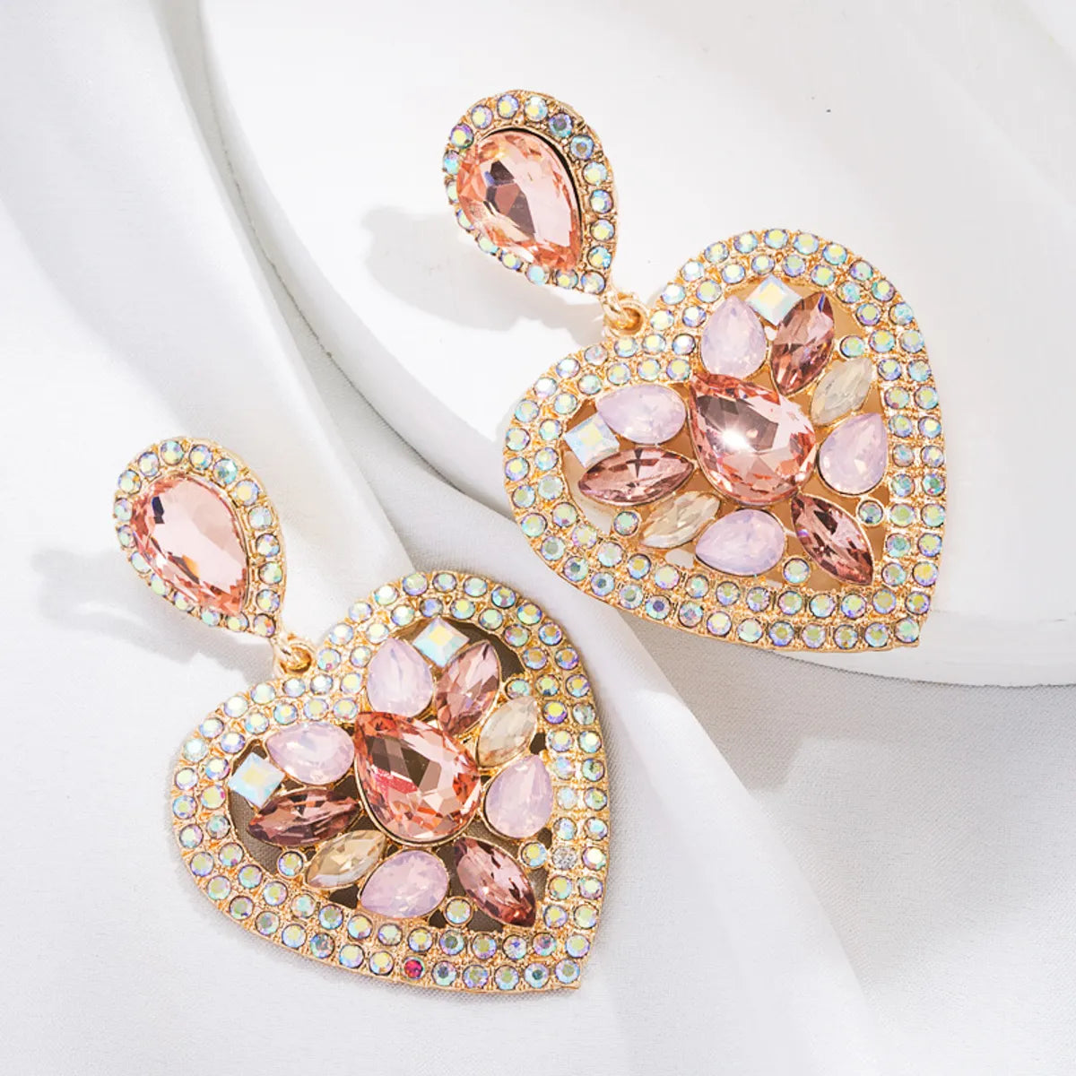 Fashion Multi-layer Heart-shaped Alloy Diamond-embedded Colorful Rhinestone Earrings