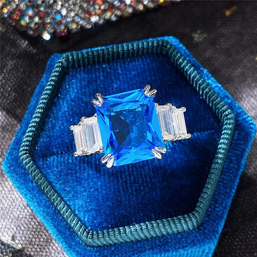 Fashion New 10*12 Square Sea Blue Zircon Female Copper Ring