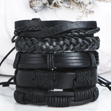 Fashion New 5-layer Black Men's Leather Retro Punk Style Bracelet Wholesale