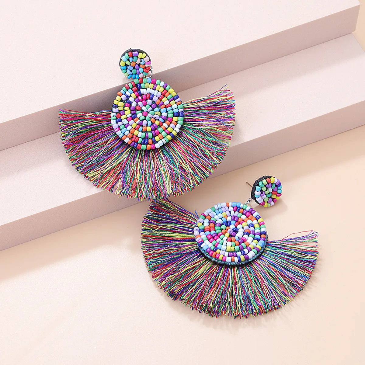 Fashion New Bohemian Retro Color Round Bead Tassel Pendant Earrings