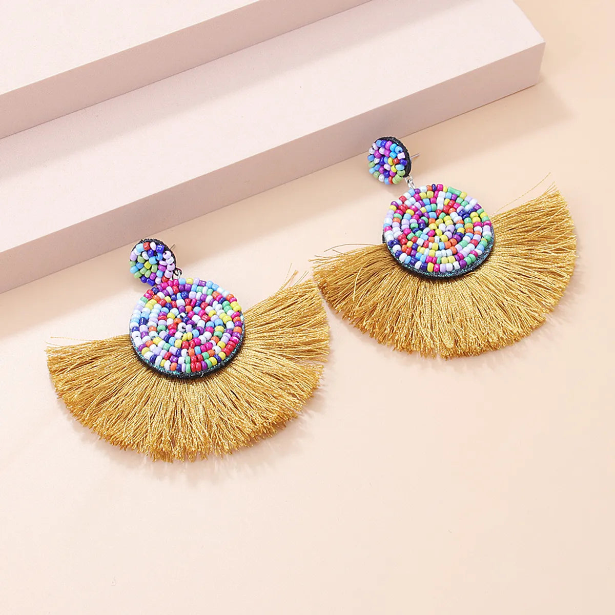 Fashion New Bohemian Retro Color Round Bead Tassel Pendant Earrings