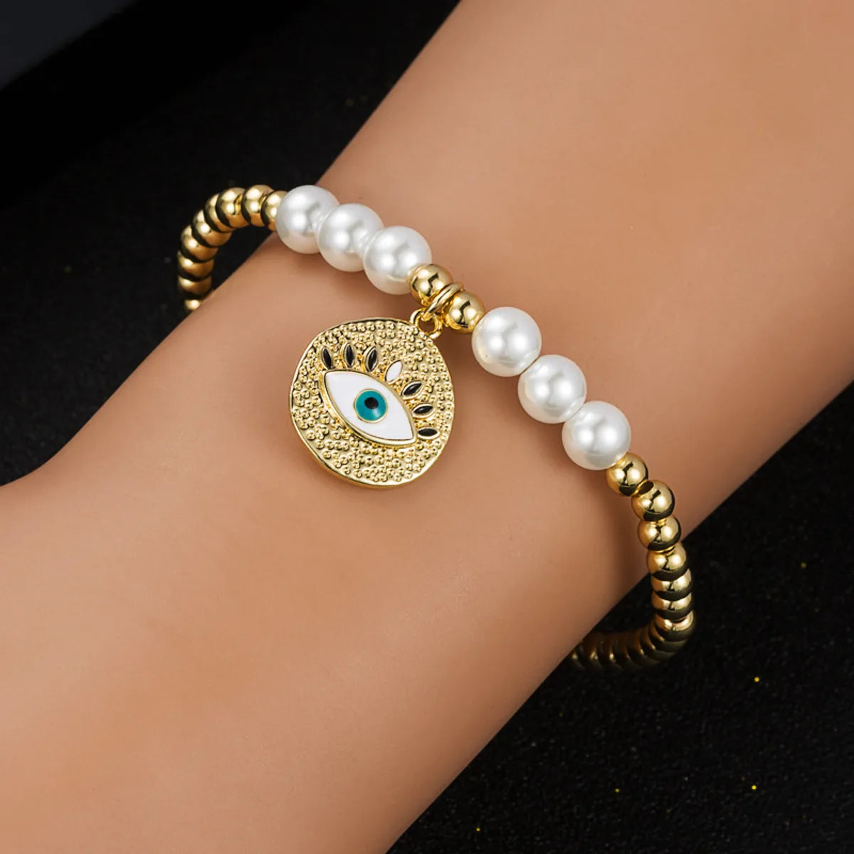 Fashion New Copper Gold-plated Oil Devil's Eye Bracelet Copper Beads Pearl Elastic Bracelet