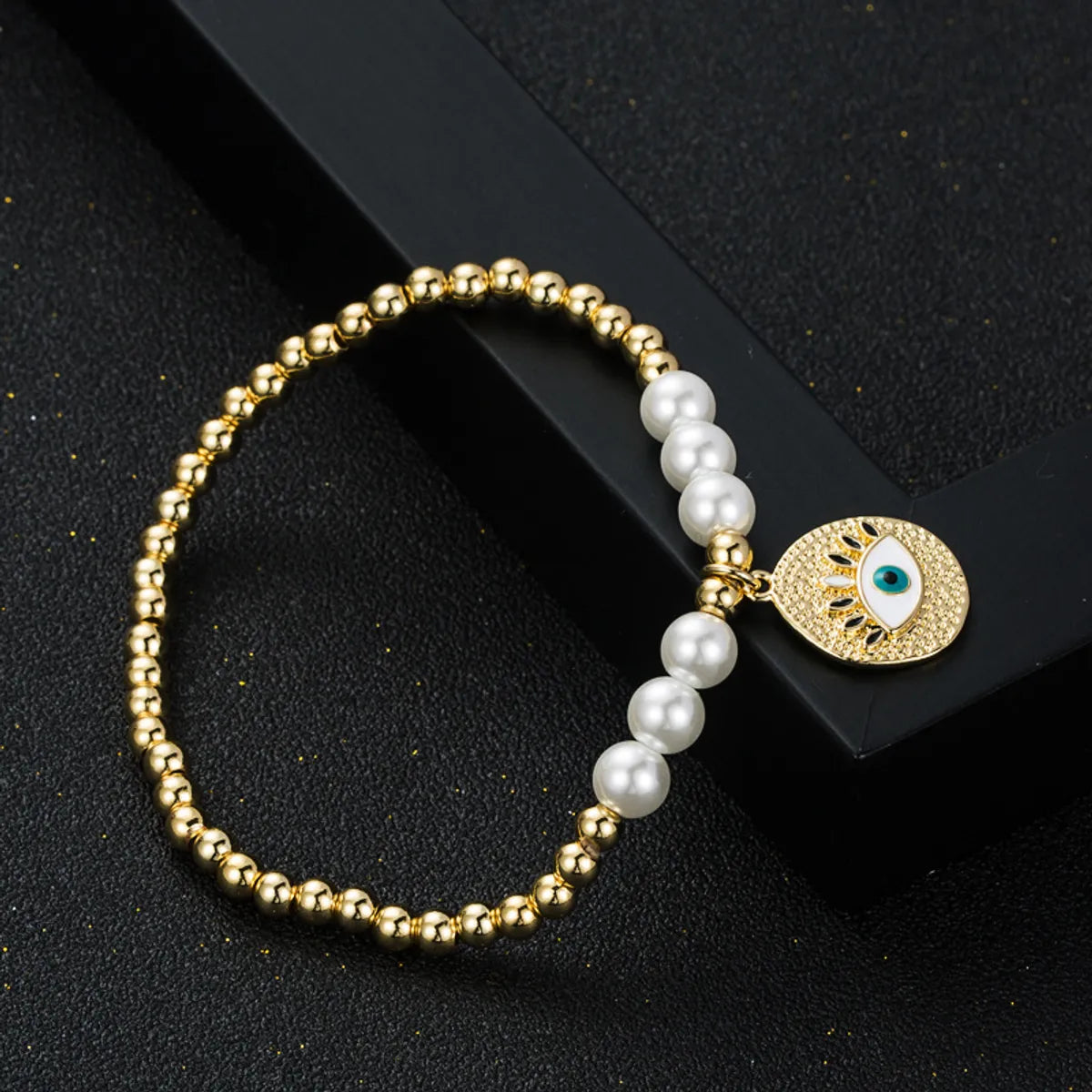 Fashion New Copper Gold-plated Oil Devil's Eye Bracelet Copper Beads Pearl Elastic Bracelet