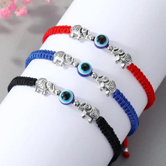 Fashion New Creative Silver Elephant Strap Eyes Round Beads Woven Adjustable Bracelet