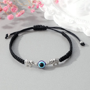 Fashion New Creative Silver Elephant Strap Eyes Round Beads Woven Adjustable Bracelet