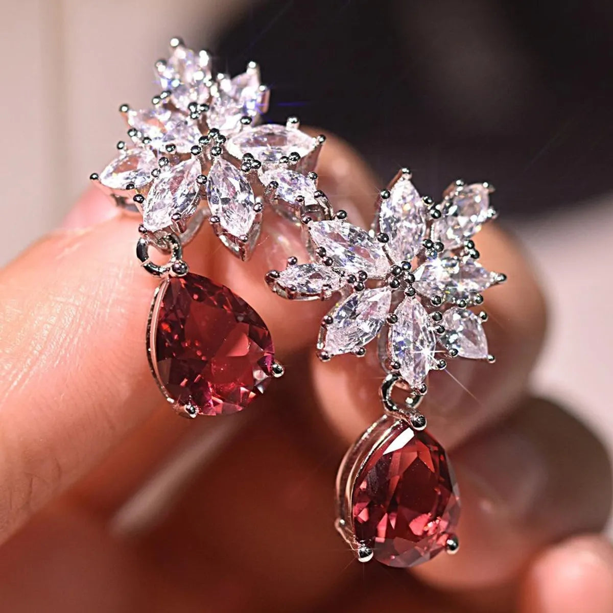 Fashion New Inlaid Water Drop Pear-shaped Red Zircon Copper Earrings Wholesale